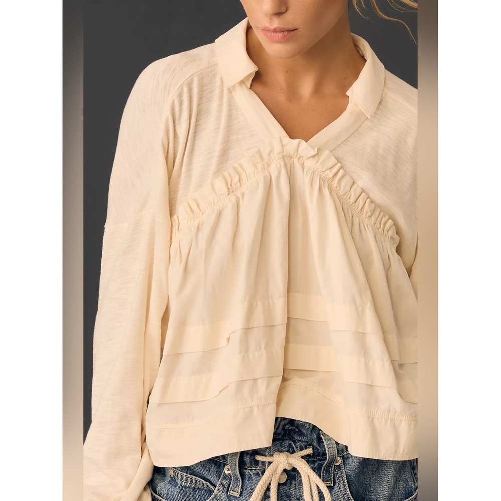 Anthropologie Pilcro Cream Long-Sleeve V-Neck Ruffled Babydoll Top XS - Picture 3 of 13